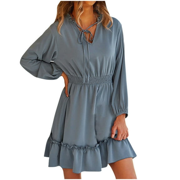 Annhoo Casual Dress for Women V Neck Drawstring Long Puff Sleeve Mini Dress Fall Ruffle Tiered Pleated Dresses