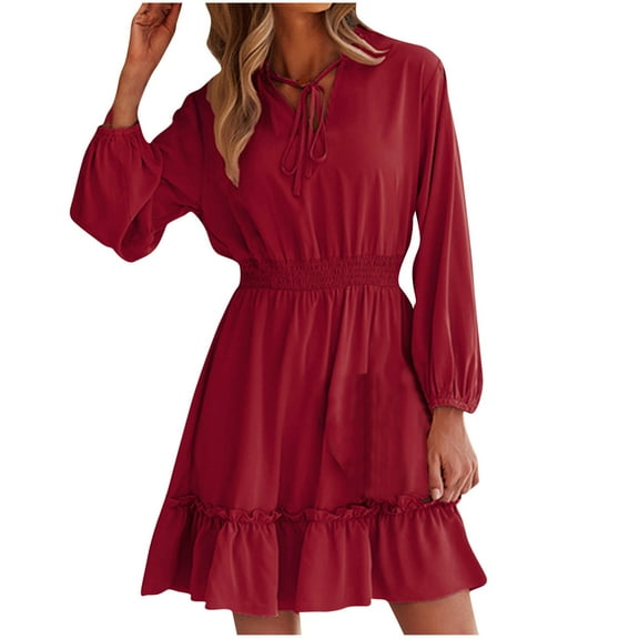 Annhoo Casual Dress for Women V Neck Drawstring Long Puff Sleeve Mini Dress Fall Ruffle Tiered Pleated Dresses