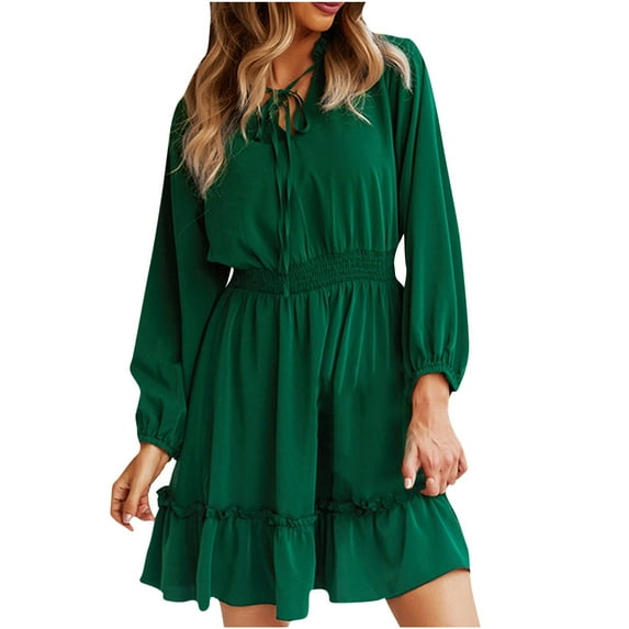 Annhoo Casual Dress for Women V Neck Drawstring Long Puff Sleeve Mini Dress Fall Ruffle Tiered Pleated Dresses