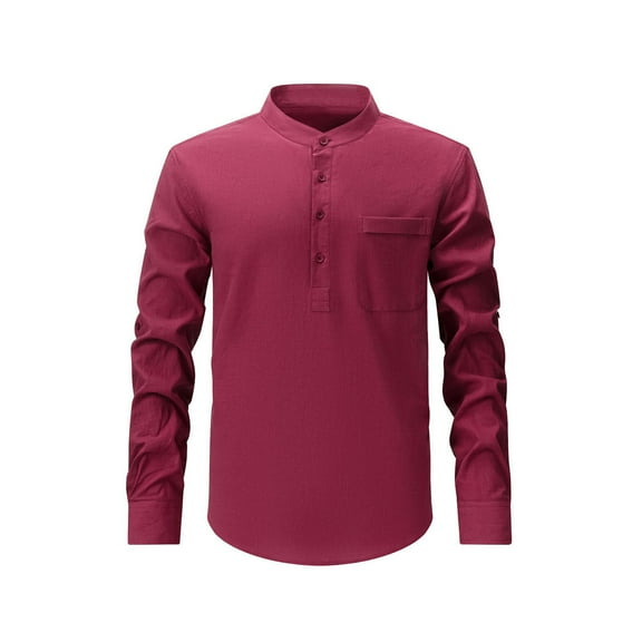 Annhoo Casual Shirts for Mens Quarter Button Crewneck Pleat Long Sleeve Plain Blouse with Pocket Soft Tops