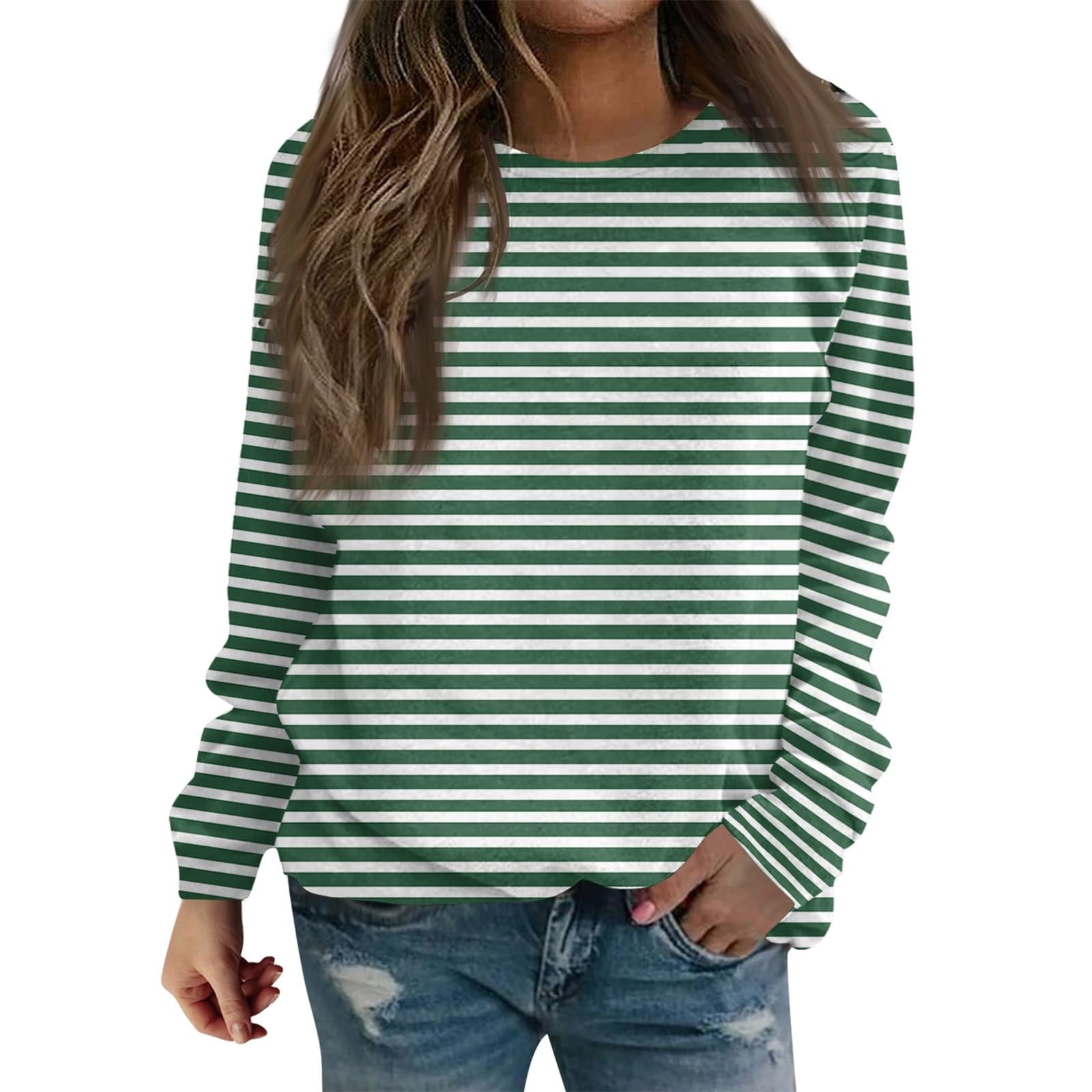 Women S Blue Striped Pearl Trim Sweatshirt Round Neck Long Sleeve Loose Casual Top main image 1