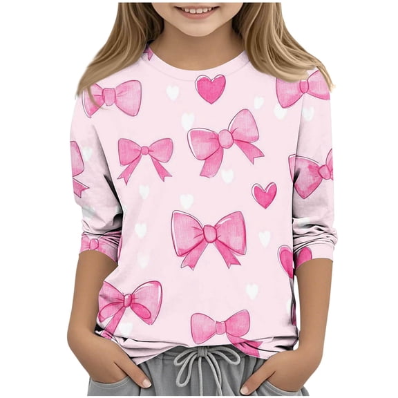 Annhoo Casual Tops for Kids Loose Comfortable Crewneck 3/4 Sleeve Print Graphic Girl Blouse Cute Clothes