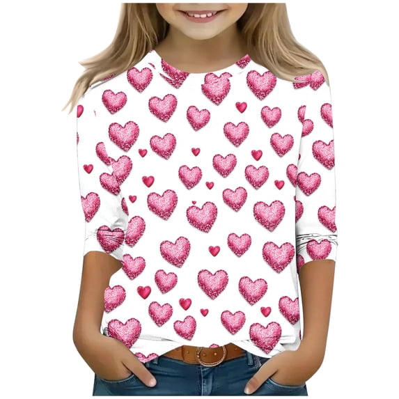 Annhoo Casual Tops for Kids Loose Comfortable Crewneck 3/4 Sleeve Print Graphic Girl Blouse Cute Clothes