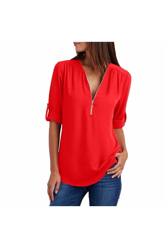 Chiffon Dressy Shirts for Women Plus Size Loose Cuffed Long Sleeve Zipper up Tops Ladies Spring Clothings