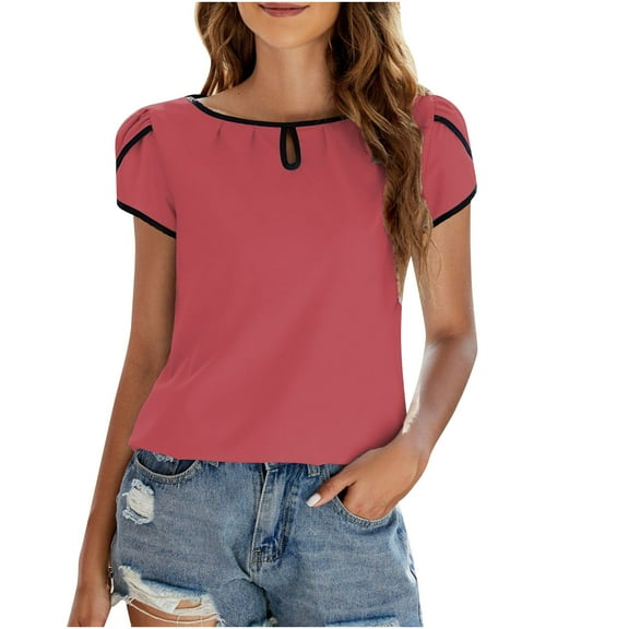 Annhoo Chiffon Shirts for Women Elegant Business Casual Petal Short Sleeve Keyhole Tops Comfy Crewneck Blouse