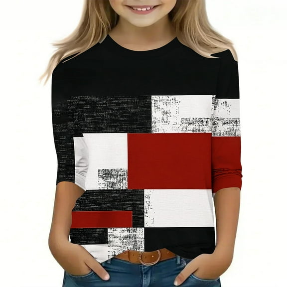 Annhoo Child 3/4 Sleeve Blouses Crew Neck Color Block Trendy Tops Lightweight Dressy Basic Boys Girls Shirts Clothes 3-12 Years