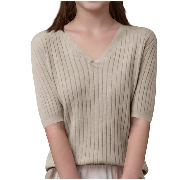 Annhoo Child Kids Girls Clothes Half Sleeve Solid Color Crew Neck Pullover Ribbed Knit Shirts Comfy Sweater 6-15 Years
