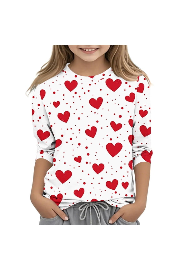 Children Valentines Day Tops Print Graphic Long Sleeve Round Neck Spring Shirts Going Out Clothes