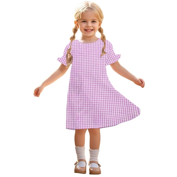 Annhoo Children's Dresses Kids Girls Plaid Round Neck Puff Short Sleeve Summer Casual Cute Flowy Dresses 3-12 Years