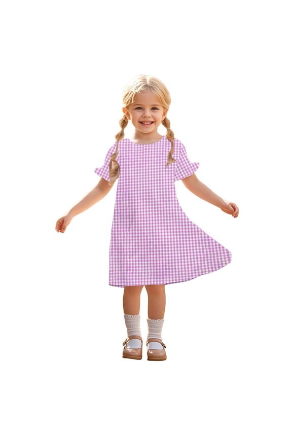 Children's Dresses Kids Girls Plaid Round Neck Puff Short Sleeve Summer Casual Cute Flowy Dresses 3-12 Years