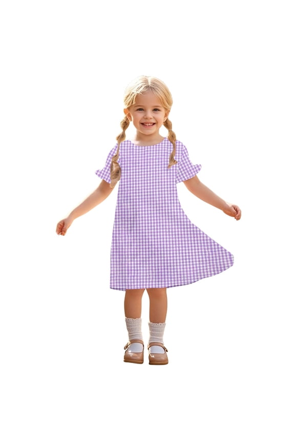 Children's Dresses Kids Girls Plaid Round Neck Puff Short Sleeve Summer Casual Cute Flowy Dresses 3-12 Years