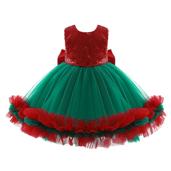 Annhoo Christmas Dress for Girl Trendy Sequin Printed Sleeveless Tulle Princess Dress Baby Cute Evening Party Prom