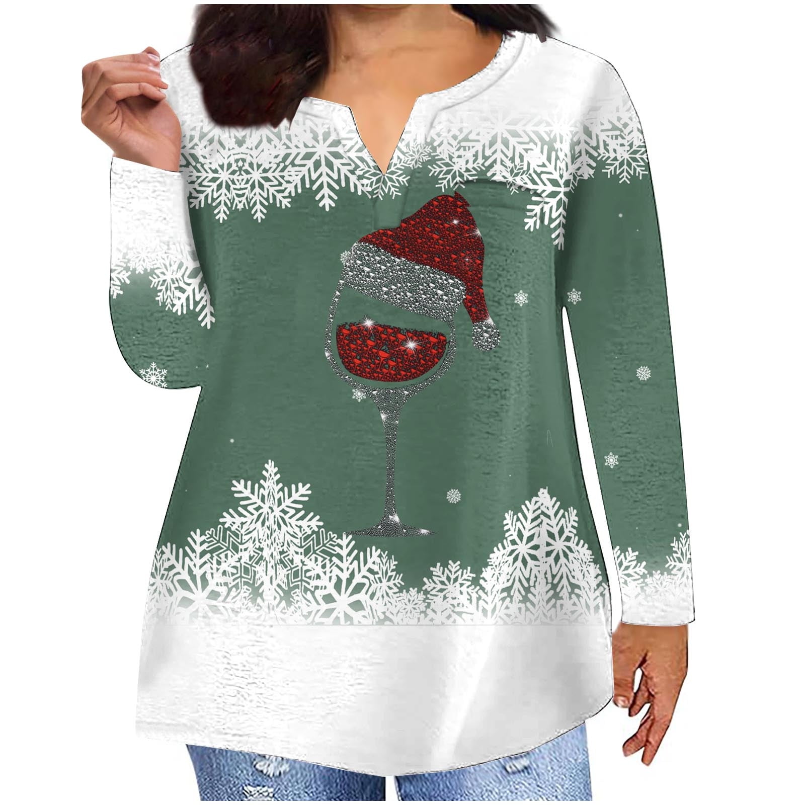 Annhoo Christmas T Shirts for Women Trendy Wine Glass Printed Long