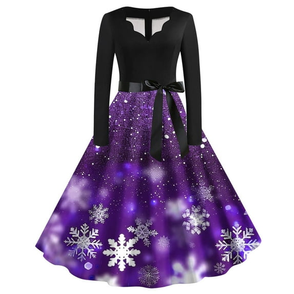 Annhoo Christmas Vintage Dress for Women V Neck Snowflake Print Long Sleeve Dress Ladies Retro A Line Party Dress with Belt