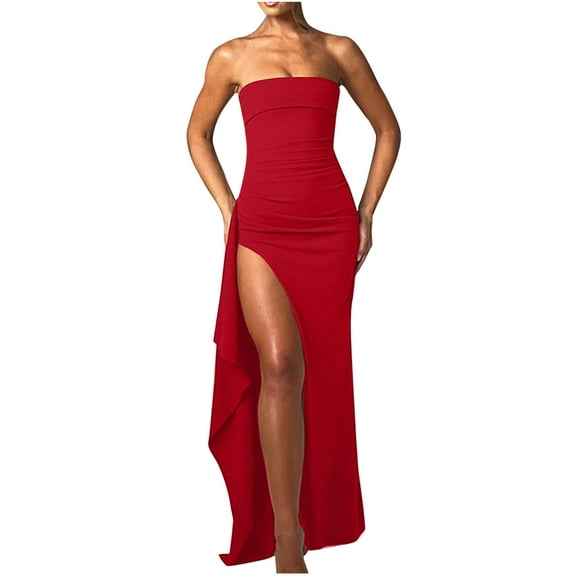 Annhoo Cocktail Dresses for Women off the Shoulder Sleeveless Ruched Dress Side Slit Strapless Formal Dresses