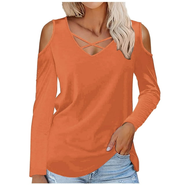 Annhoo Cold Shoulder Tops for Women Plus Size Long Sleeve V Neck ...