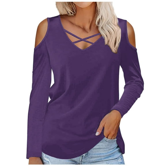 Annhoo Cold Shoulder Tops for Women Plus Size Long Sleeve V Neck Blouses Fall Elegant Cross Front T Shirts