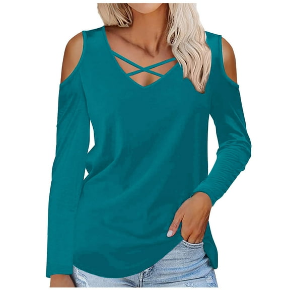 Annhoo Cold Shoulder Tops for Women Plus Size Long Sleeve V Neck Blouses Fall Elegant Cross Front T Shirts