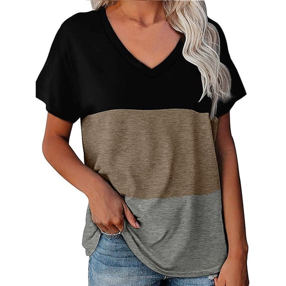 Annhoo Maternity Clothes Fashion Color Block V Neck Short Sleeve Shirts Basic Relaxed Breathable Nursing Top
