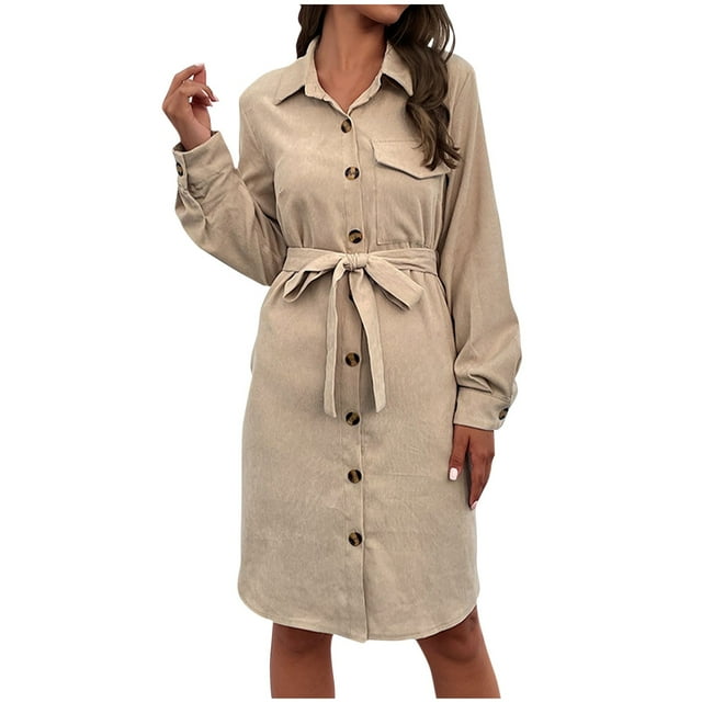 Annhoo Corduroy Dresses for Women Button down Lapel Long Sleeve Dress