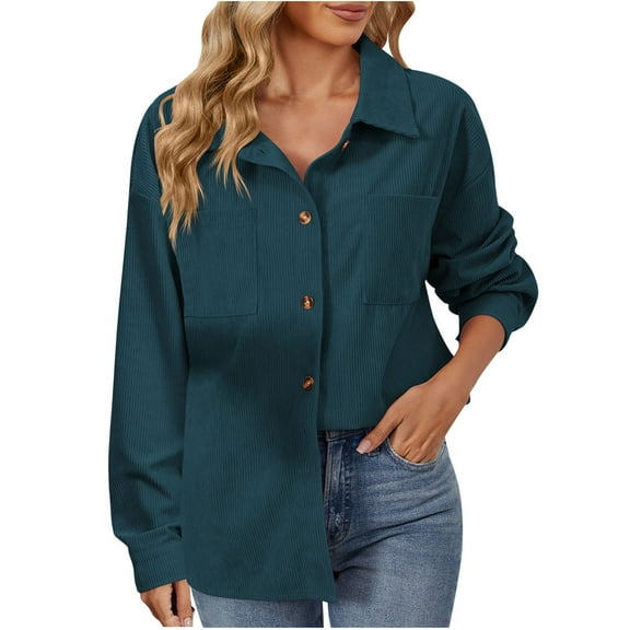 Annhoo Corduroy Jacket for Women Long Sleeve Button down Shackets Fall Collared Shirts with Bust Pockets
