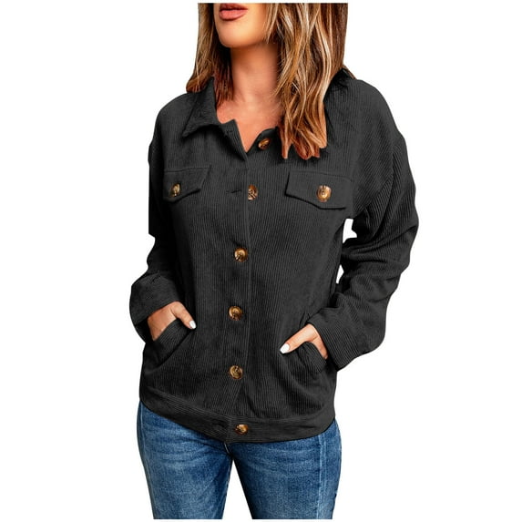 Annhoo Corduroy Jackets for Women Fall Lapel Long Sleeve Button down Outwear with Pockets Casual Loose Coats