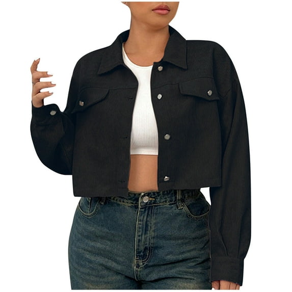 Annhoo Corduroy Jackets for Women Fall Long Sleeve Lapel Button down Crop Outwear Casual Solid Color Coats