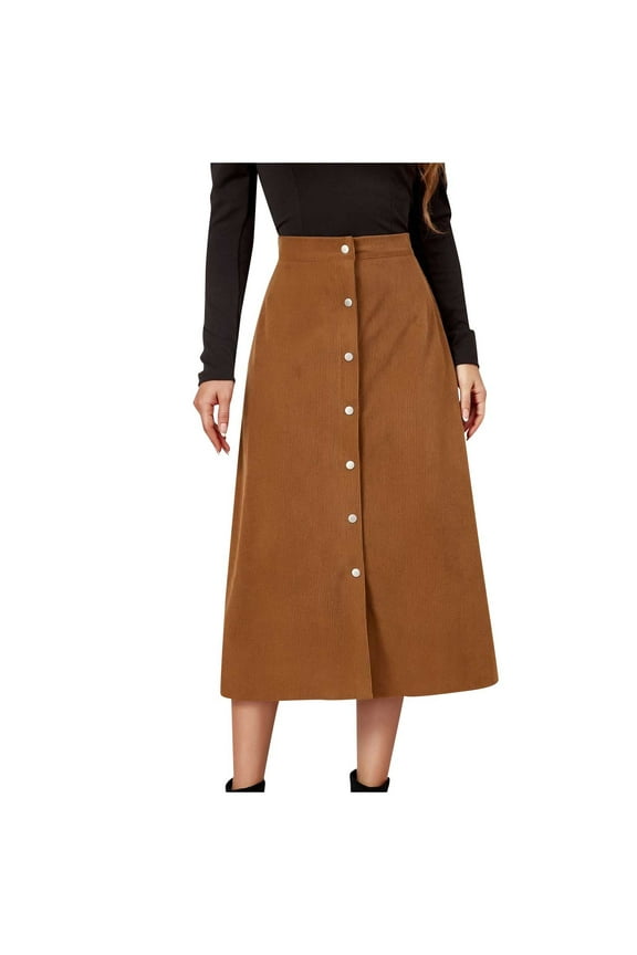 Corduroy Skirts for Women Button down Casual High Waisted Midi Skirt Loose Solid Color A Line Skirt