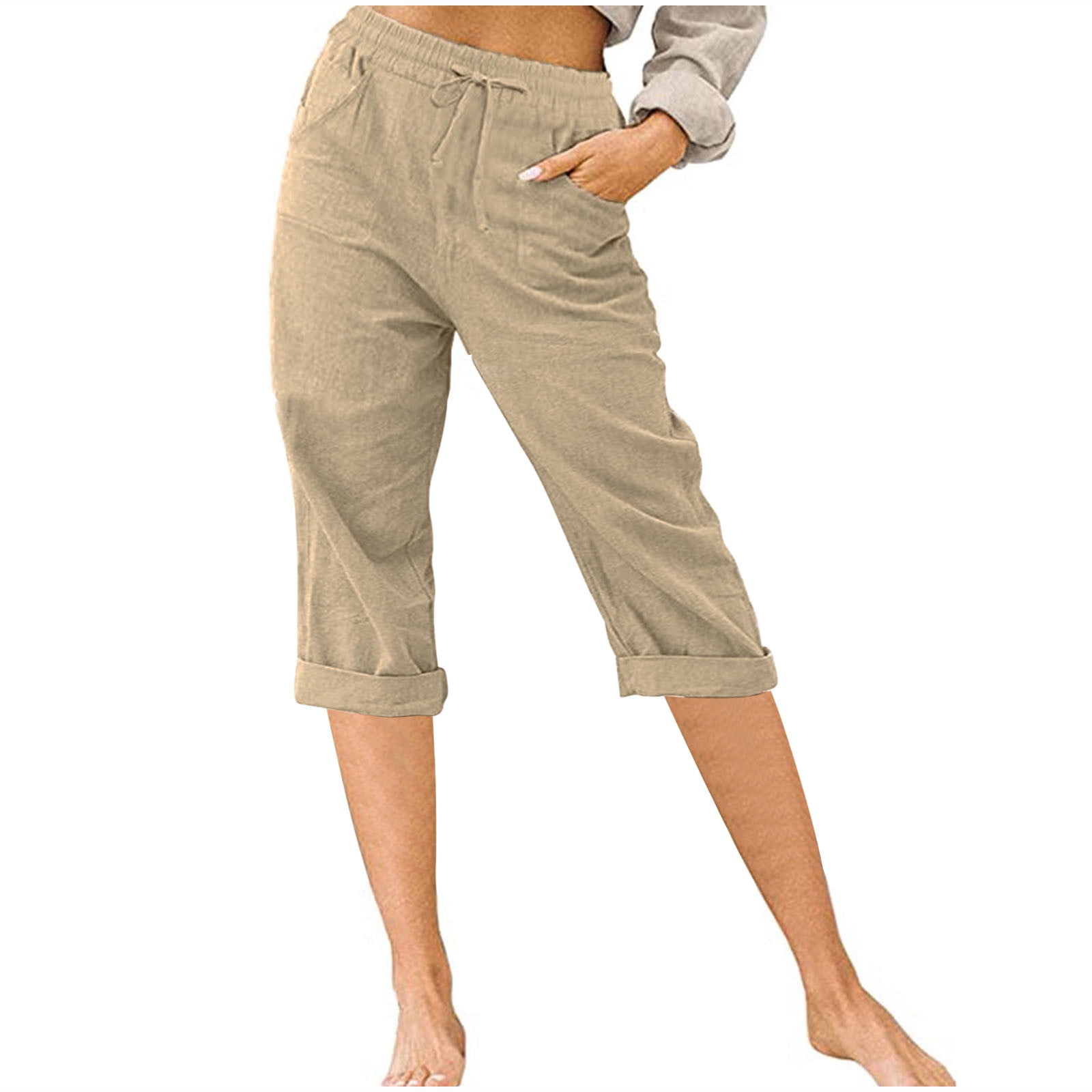 Annhoo Cotton Linen Capri Pants for Women Casual Plus Size High Elastic ...