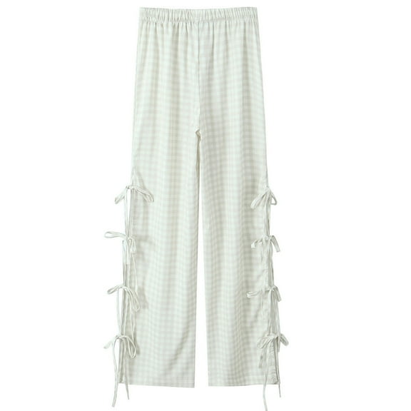 Annhoo Cotton Linen Pants for Women Plaid Casual Elastic Waist Side Tie Trousers Lightweight Straight Leg Pants
