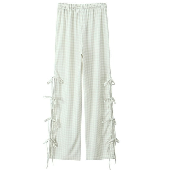 Annhoo Cotton Linen Pants for Women Plaid Casual Elastic Waist Side Tie Trousers Lightweight Straight Leg Pants
