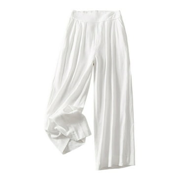 Annhoo Cotton Linen Pants for Women Plus Size Elastic Waisted Casual Straight Leg Pants Solid Trousers with Pockets