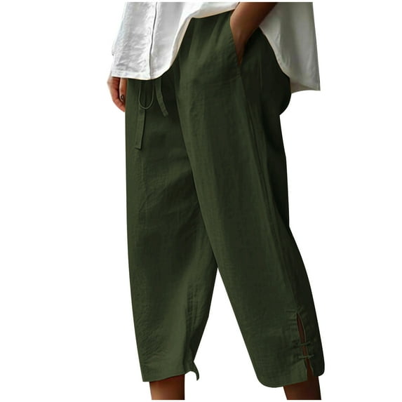 Annhoo Cotton Linen Pants for Women with Elastic Waist Plus Size Casual Drawstring Waist Capri Pants Loose Crop Trousers
