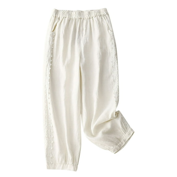 Annhoo Cotton Linen Pants for Womens Embroidery Elastic Waist Cropped Wide Leg Pants Casual Loose Trousers with Pockets