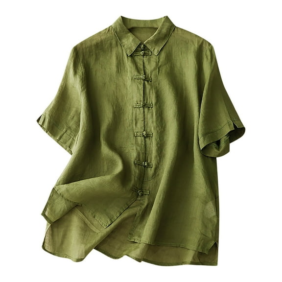 Annhoo Cotton Linen Shirts for Women Summer Short Sleeve Button down Shirt Casual Loose Breathable Collared Tops