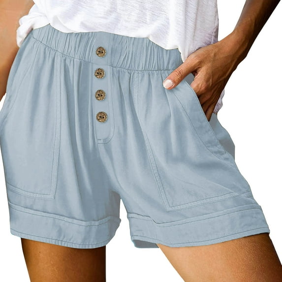 Annhoo Cotton Linen Shorts for Women Lightweight Elastic Waist Button Front Short Plus Size Summer Shorts with Pockets