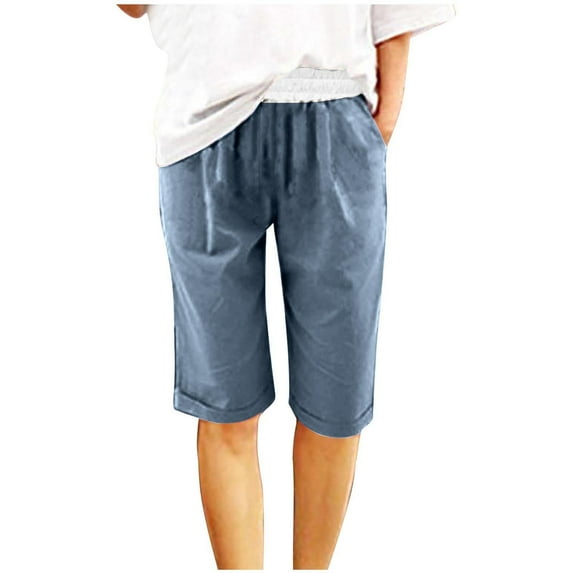Annhoo Cotton Linen Shorts for Women Summer Color Block High Elastic Waist Shorts Casual Fitness Knee Length Pants