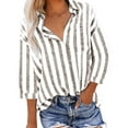 thumbnail image 1 of Annhoo Cotton Linen Tops for Women 3/4 Sleeve Fall Button down Lapel Shirts Fashion Stripes Print Blouses with Pocket, 1 of 7