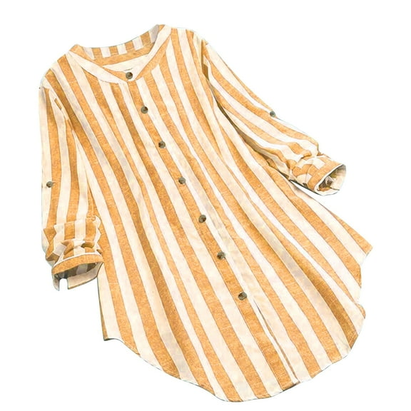 Annhoo Cotton Linen Tops for Women Casual Long Sleeve Button down Striped Shirts Fall Thin Lounge Outwear