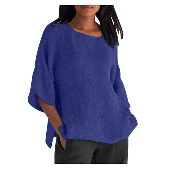 Annhoo Cotton Linen Tops for Women Summer Lightweight Round Neck Half Sleeve Shirts Plus Size Side Slit Tunic Shirts