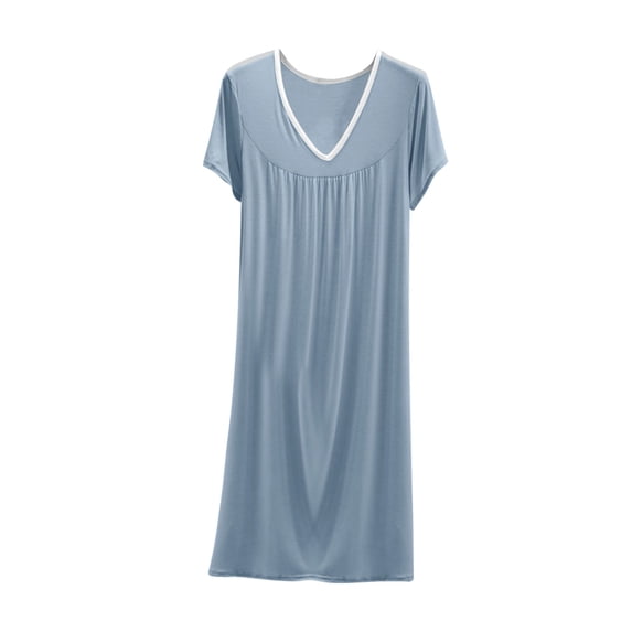 Annhoo Cotton Nightgowns for Women V Neck Block Color Pleated Loose Short Sleeve Nightdress Casual Clothes