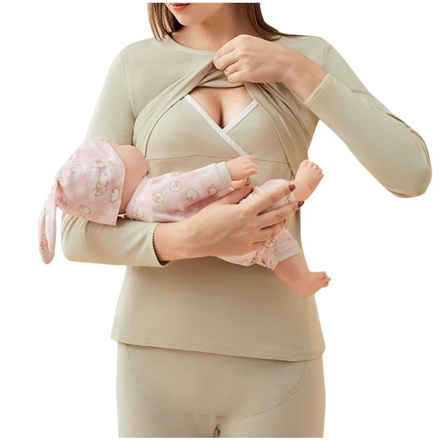 Annhoo Cotton Pregnant Shirts for Women Nursing Crew Neck Long Sleeve Warm Tops Maternity Layered Breastfeeding Clothes