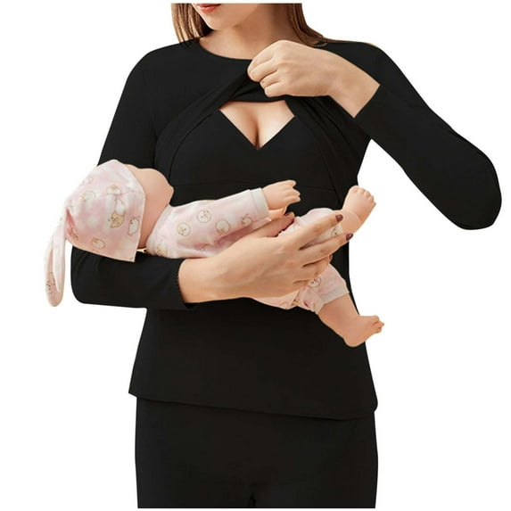Annhoo Cotton Pregnant Shirts for Women Nursing Crew Neck Long Sleeve Warm Tops Maternity Layered Breastfeeding Clothes