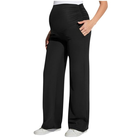 Annhoo Cotton Pregnant Women's Pant Casual Solid Color High Waist Elastic Straight Leg Pants Sport Trendy Pockets Trouser
