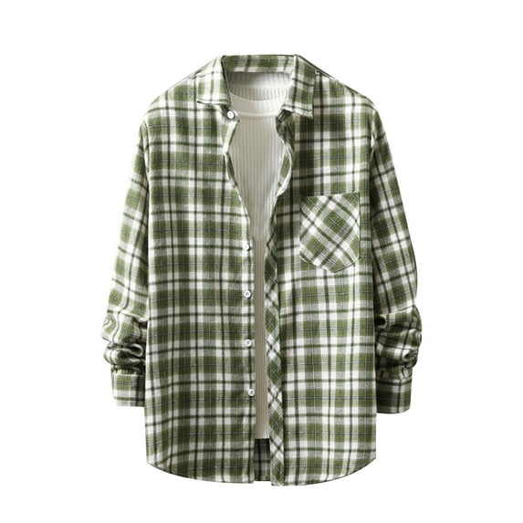 Annhoo Cotton Tops for Men Button Up Plaid Striped Casual Blouses Work Outdoor Long Sleeve Collared Soft Cardigan Shirt