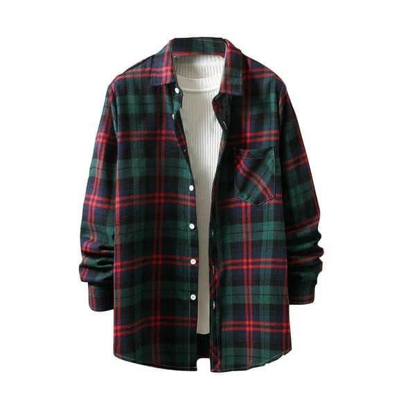 Annhoo Cotton Tops for Men Button Up Plaid Striped Casual Blouses Work Outdoor Long Sleeve Collared Soft Cardigan Shirt