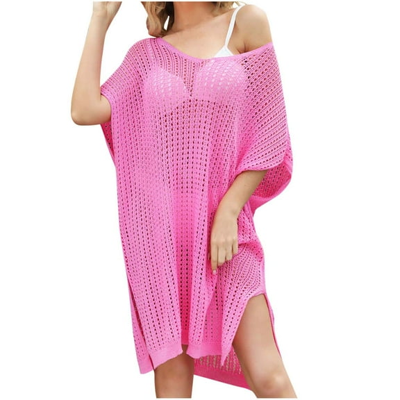 Annhoo Cover up for Women Swimsuit Dresses Hollow out Short Sleeve Side Slit Summer Beach Vacation Mini Dresses