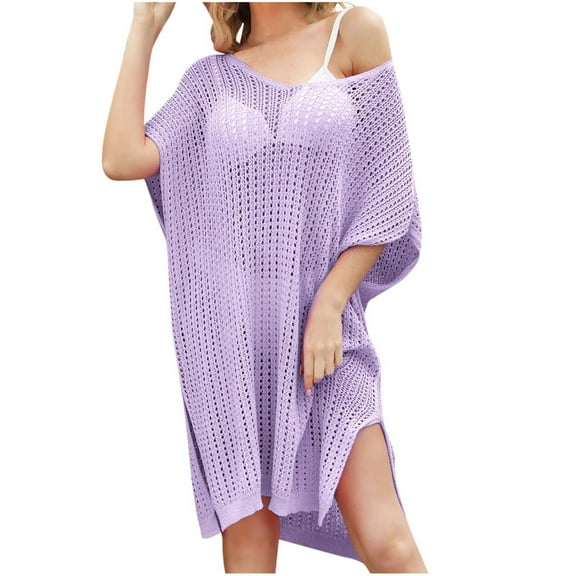 Annhoo Cover up for Women Swimsuit Dresses Hollow out Short Sleeve Side Slit Summer Beach Vacation Mini Dresses