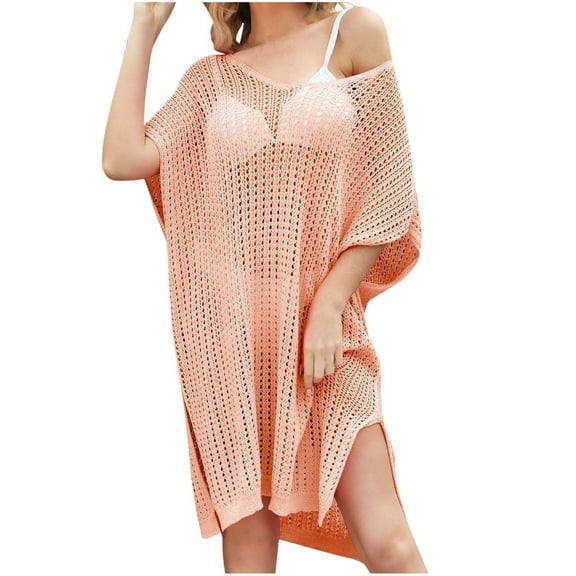 Annhoo Cover up for Women Swimsuit Dresses Hollow out Short Sleeve Side Slit Summer Beach Vacation Mini Dresses