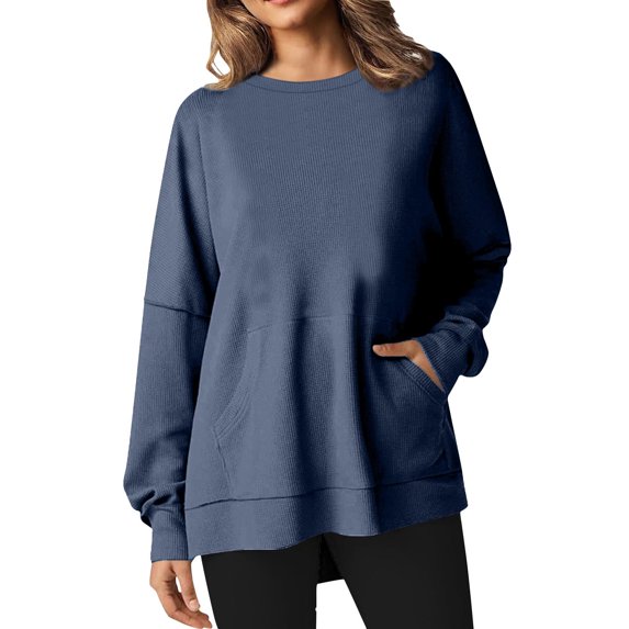 Annhoo Crewneck Sweatshirts Women Casual Long Sleeve Fall Pullover Shirts Solid Color Loose Blouses with Pockets